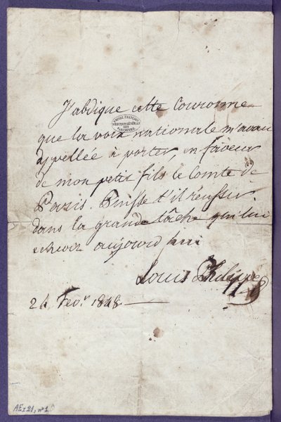 Act of abdication of the throne by Louis-Philippe in favour of his grandson, Louis-Philippe Albert d